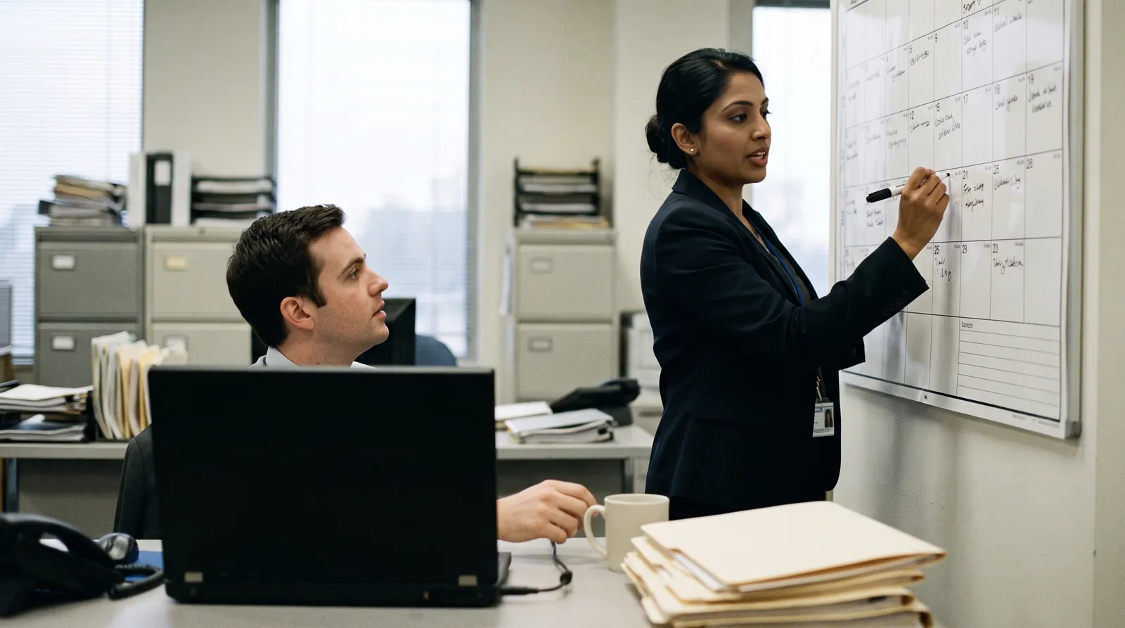 A compliance manager marking a deadline on a wall planner