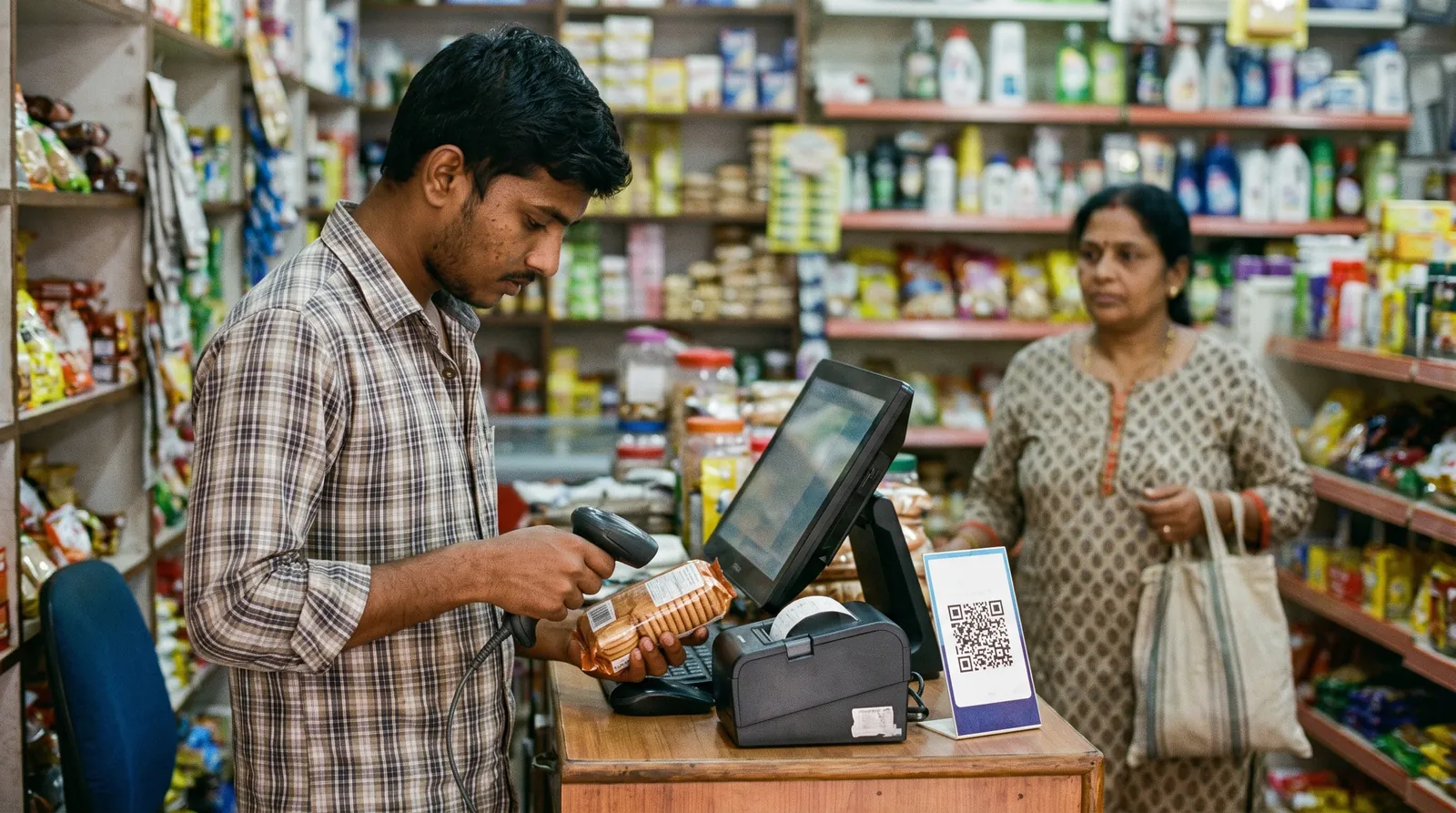 A shopkeeper scanning a packet at the billing counter of a neighbourhood store