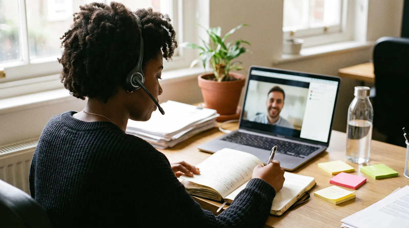 A recruiter taking notes during a video interview