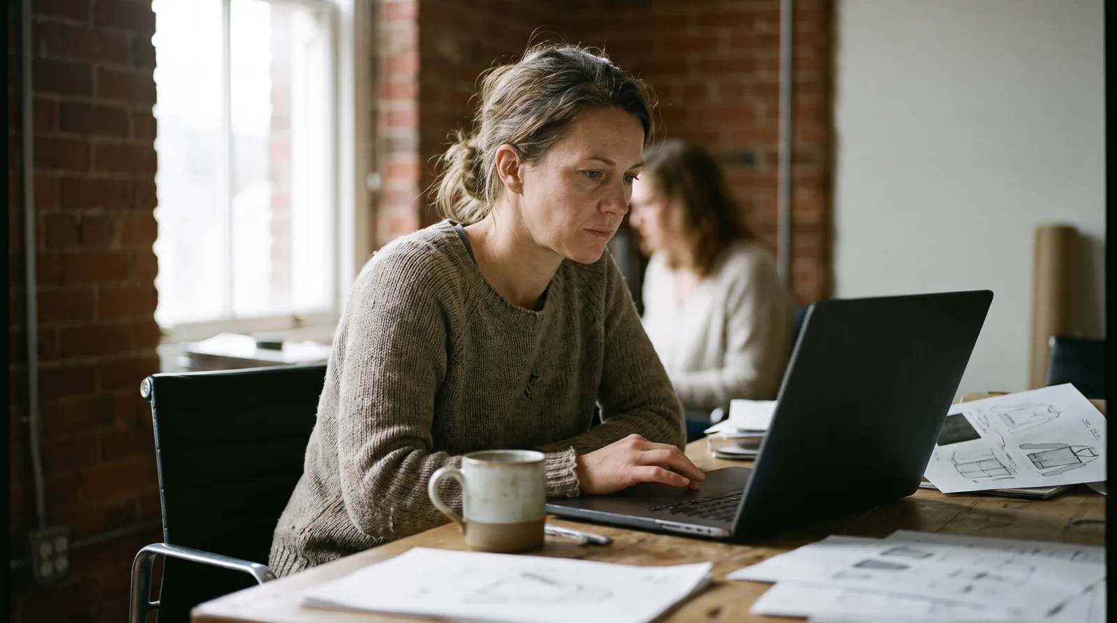 A small-agency owner reviewing an invoice on her laptop