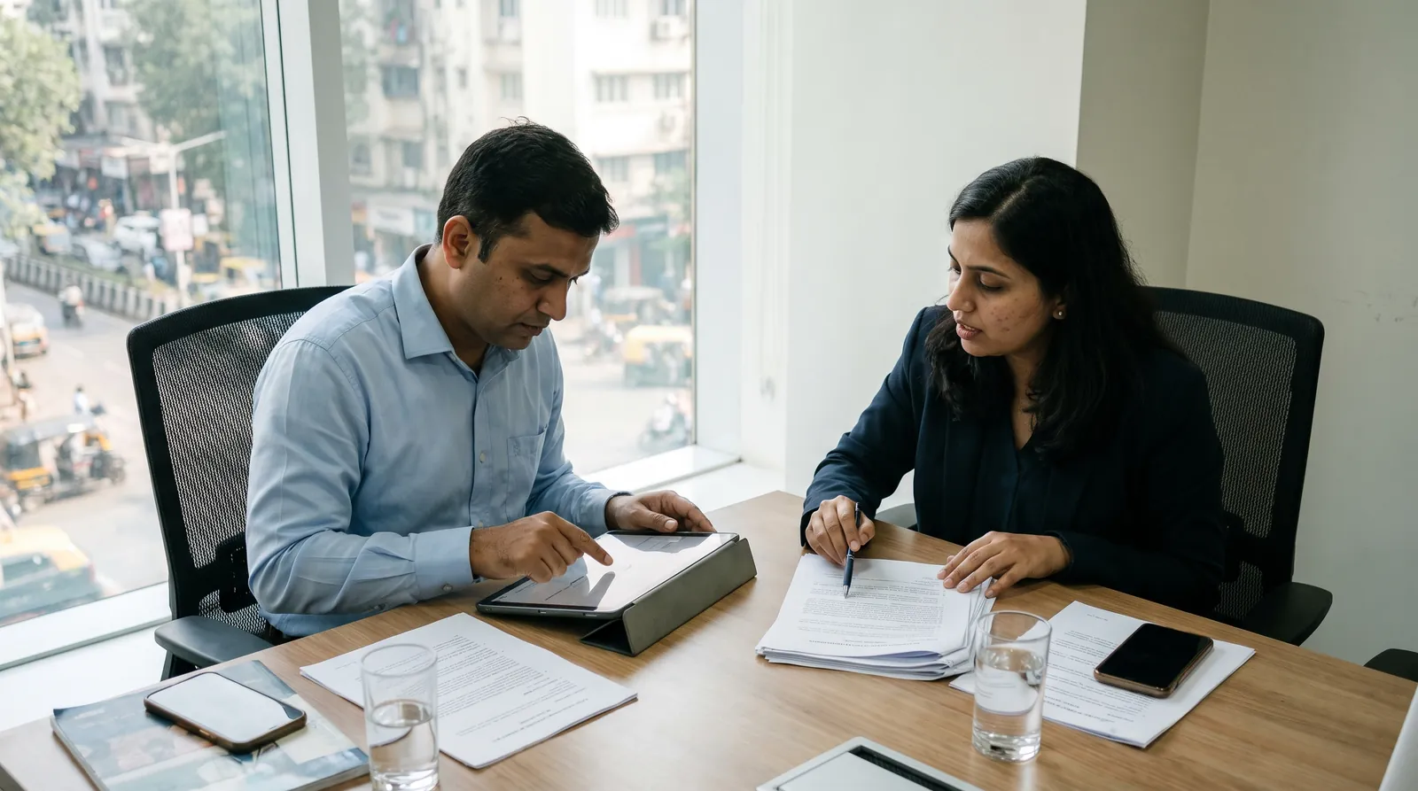 Two people signing an agreement on a tablet across a meeting table