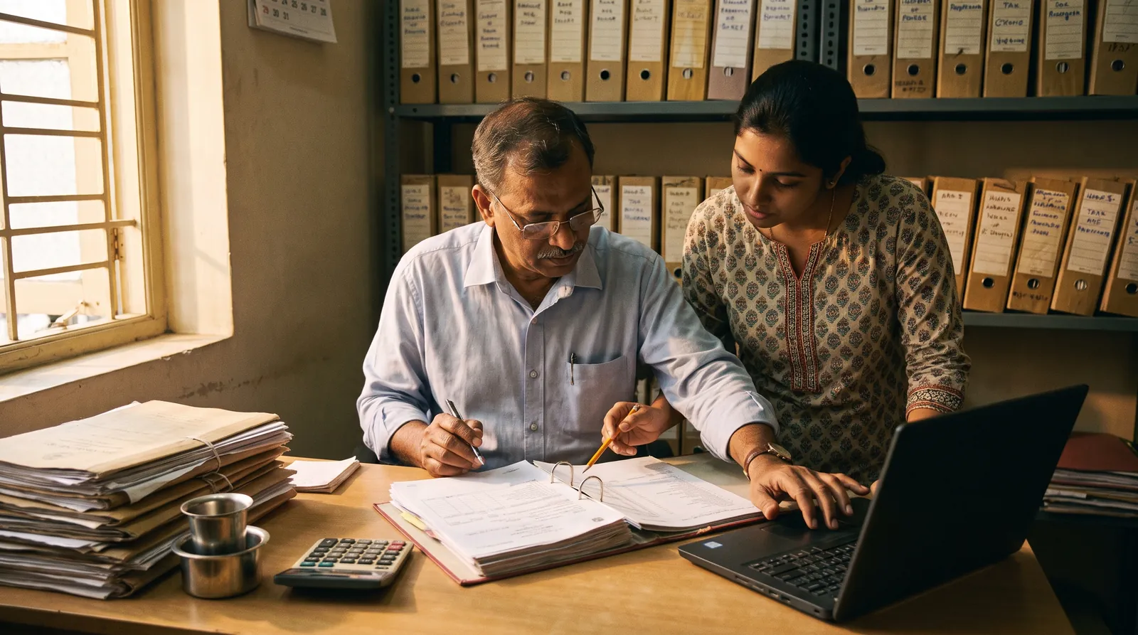 An accountant and an associate checking tax papers at a desk